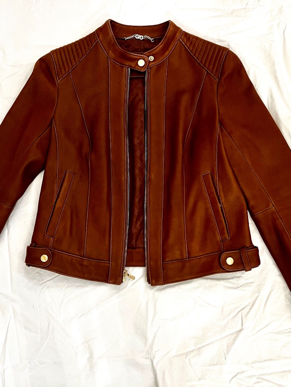Cole Haan Chestnut Lambskin Leather Moto Jacket PM